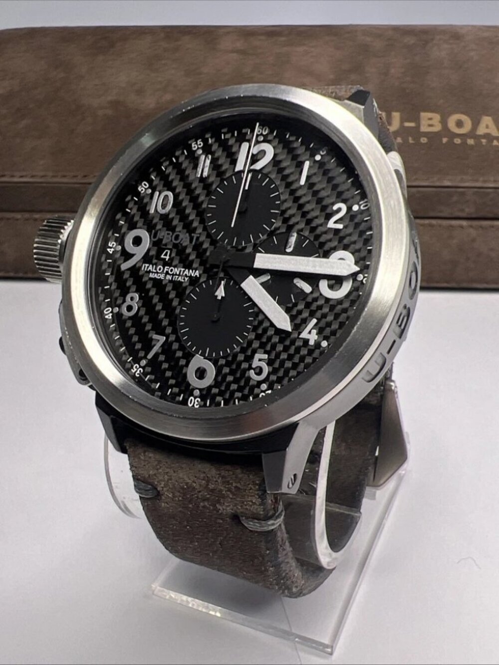 U Boat 50mm Black PVD Steel Chronograph U-7750/50 Watch Carbon Dial w/ Box